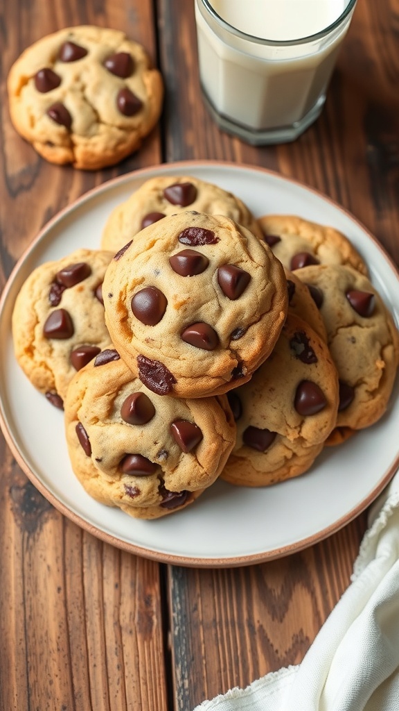A plate of soft chocolate chip cookies with melted chocolate chips, accompanied by a glass of milk.